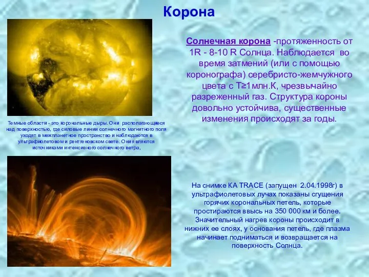 Корона Солнечная корона -протяженность от 1R - 8-10 R Солнца. Наблюдается