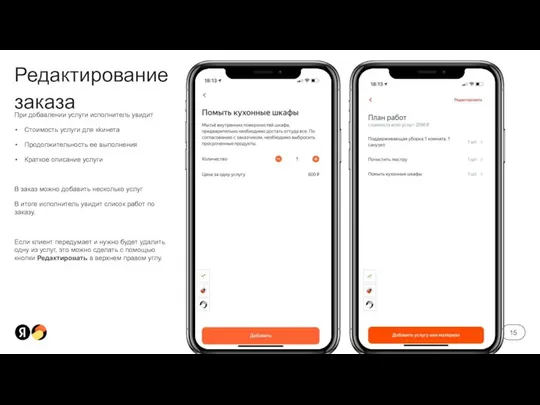 Редактирование заказа При добавлении услуги исполнитель увидит Стоимость услуги для кkинета