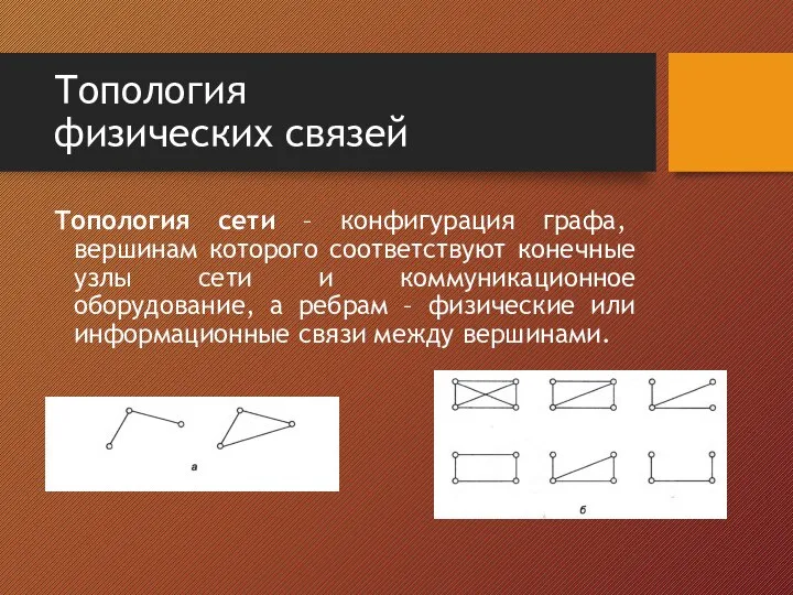 Топология физических связей Топология сети – конфигурация графа, вершинам которого соответствуют