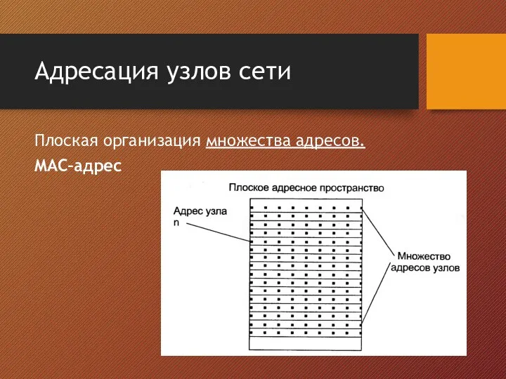 Адресация узлов сети Плоская организация множества адресов. MAC–адрес