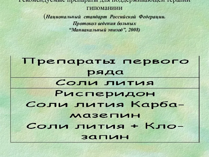 Рекомендуемые препараты для поддерживающей терапии гипоманиии (Национальный стандарт Российской Федерации. Протокол ведения больных “Маниакальный эпизод”, 2008)