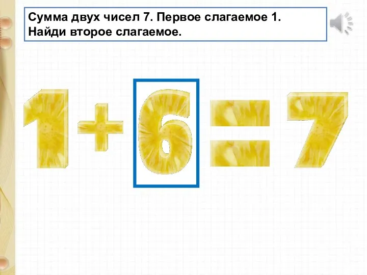 Сумма двух чисел 7. Первое слагаемое 1. Найди второе слагаемое.