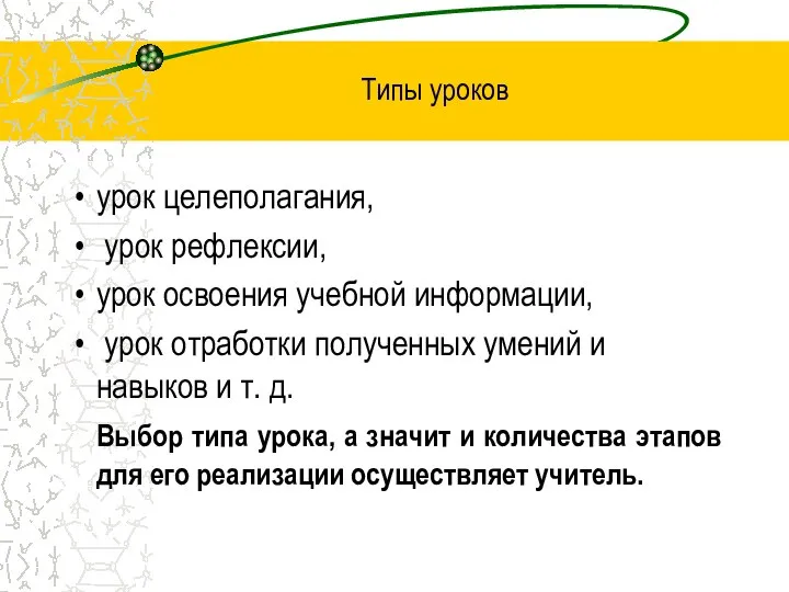 Типы уроков урок целеполагания, урок рефлексии, урок освоения учебной информации, урок