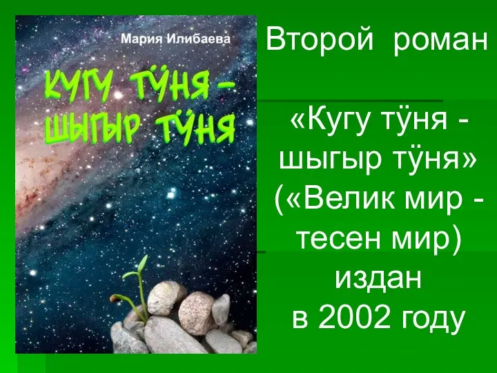 Второй роман «Кугу тӱня - шыгыр тӱня» («Велик мир - тесен мир) издан в 2002 году