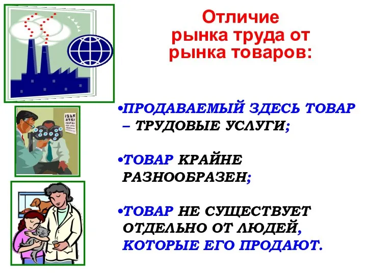 Отличие рынка труда от рынка товаров: ПРОДАВАЕМЫЙ ЗДЕСЬ ТОВАР – ТРУДОВЫЕ