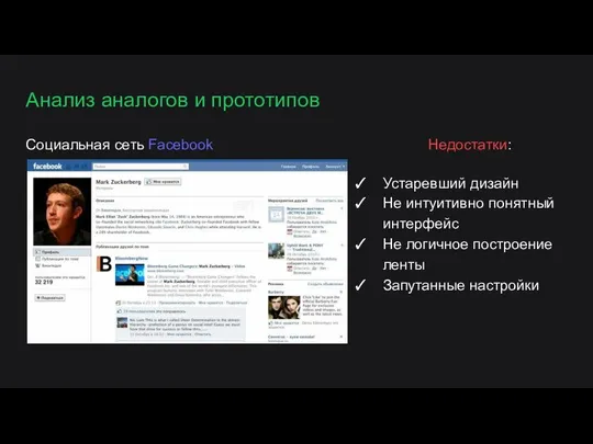 Анализ аналогов и прототипов Социальная сеть Facebook Недостатки: Устаревший дизайн Не