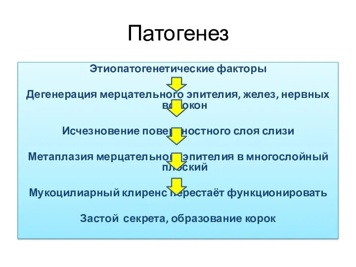 Патогенез Этиопатогенетические факторы Дегенерация мерцательного эпителия, желез, нервных волокон Исчезновение поверхностного