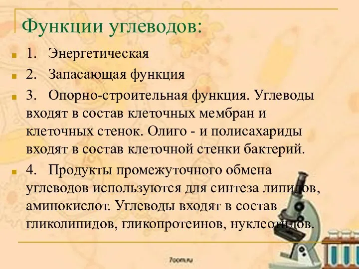 Функции углеводов: 1. Энергетическая 2. Запасающая функция 3. Опорно-строительная функция. Углеводы