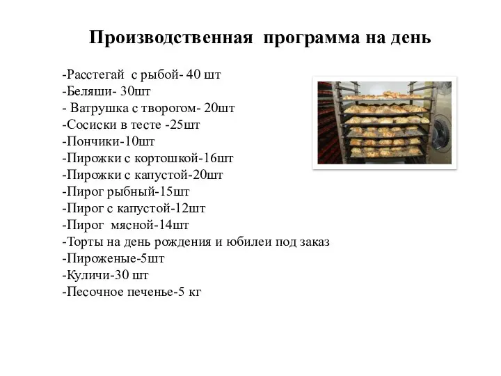 Производственная программа на день -Расстегай с рыбой- 40 шт -Беляши- 30шт