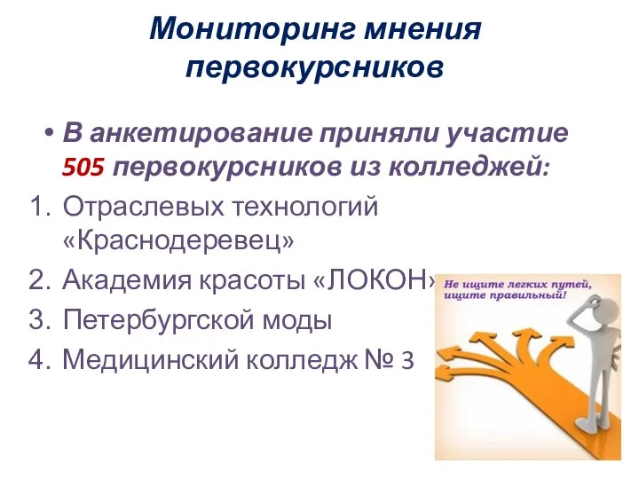 Мониторинг мнения первокурсников В анкетирование приняли участие 505 первокурсников из колледжей: