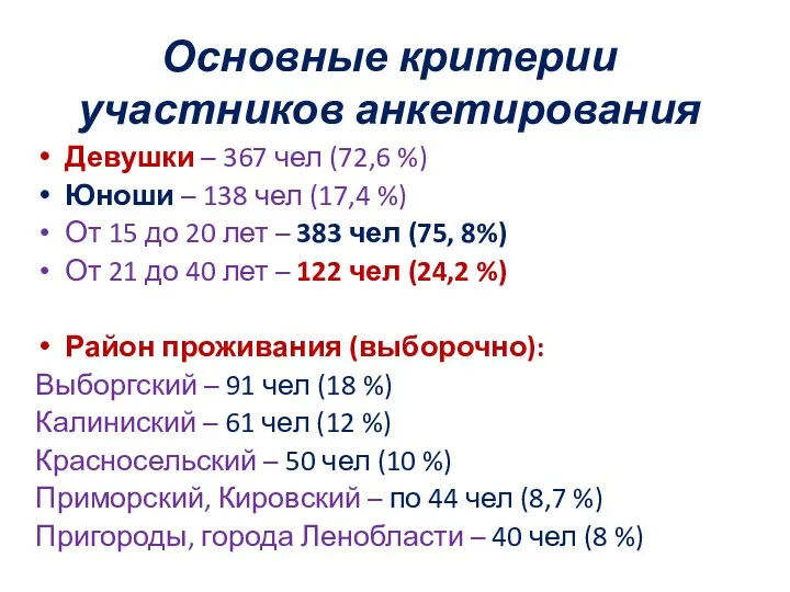 Основные критерии участников анкетирования Девушки – 367 чел (72,6 %) Юноши