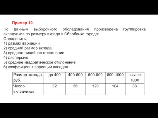 Пример 10. По данным выборочного обследования произведена группировка вкладчиков по размеру