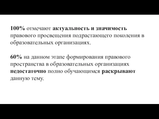 100% отмечают актуальность и значимость правового просвещения подрастающего поколения в образовательных