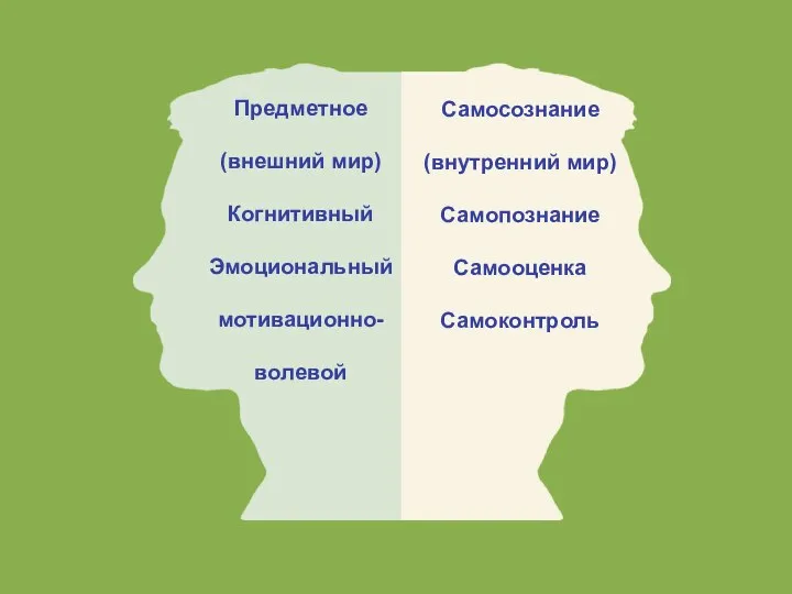 Предметное (внешний мир) Когнитивный Эмоциональный мотивационно- волевой Самосознание (внутренний мир) Самопознание Самооценка Самоконтроль