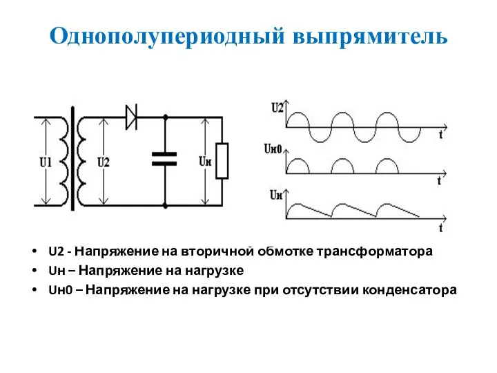 Однополупериодный выпрямитель U2 - Напряжение на вторичной обмотке трансформатора Uн –