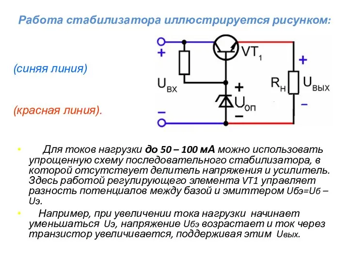 Работа стабилизатора иллюстрируется рисунком: Для токов нагрузки до 50 – 100