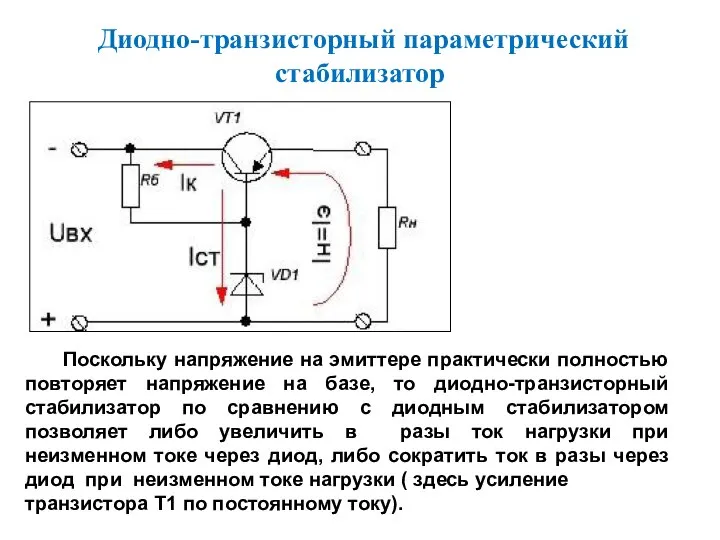 Диодно-транзисторный параметрический стабилизатор Поскольку напряжение на эмиттере практически полностью повторяет напряжение