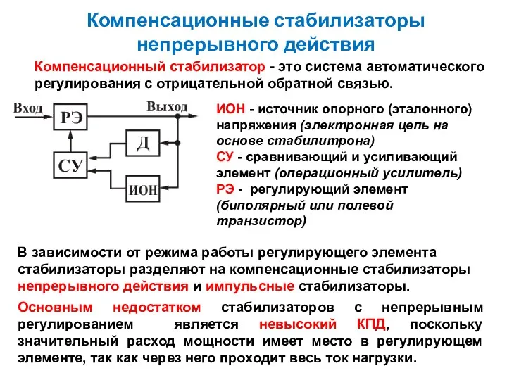 Компенсационные стабилизаторы непрерывного действия Компенсационный стабилизатор - это система автоматического регулирования