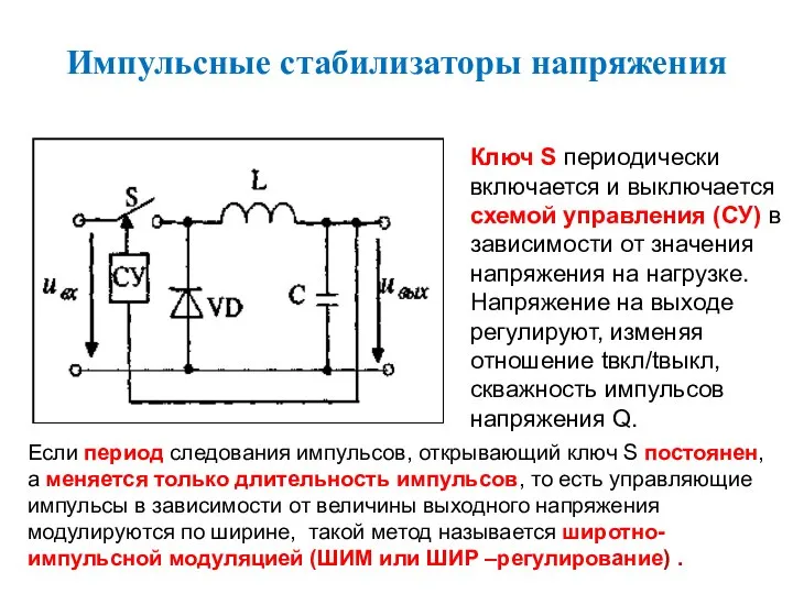 Импульсные стабилизаторы напряжения Ключ S периодически включается и выключается схемой управления