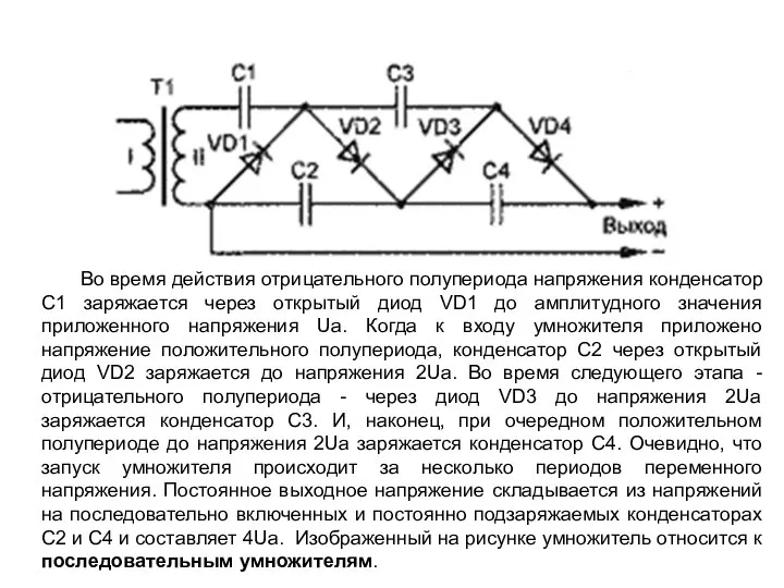 Во время действия отрицательного полупериода напряжения конденсатор С1 заряжается через открытый