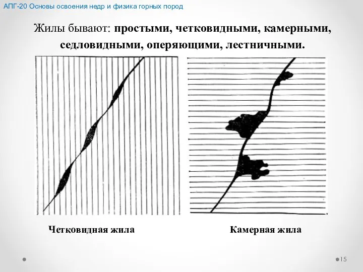 Жилы бывают: простыми, четковидными, камерными, седловидными, оперяющими, лестничными. Четковидная жила Камерная