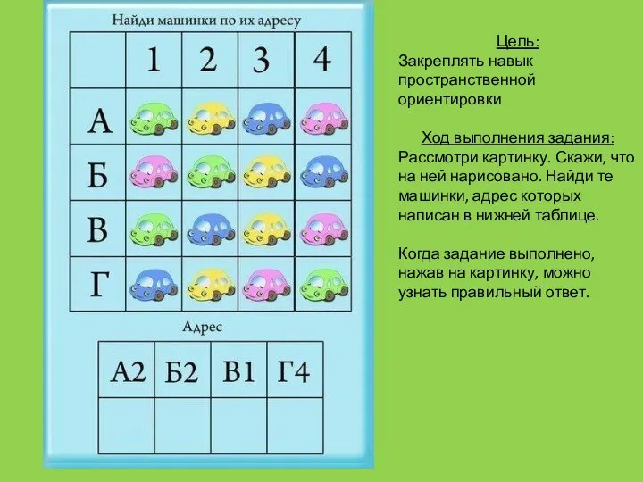 Цель: Закреплять навык пространственной ориентировки Ход выполнения задания: Рассмотри картинку. Скажи,