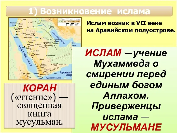 1) Возникновение ислама Ислам возник в VII веке на Аравийском полуострове.