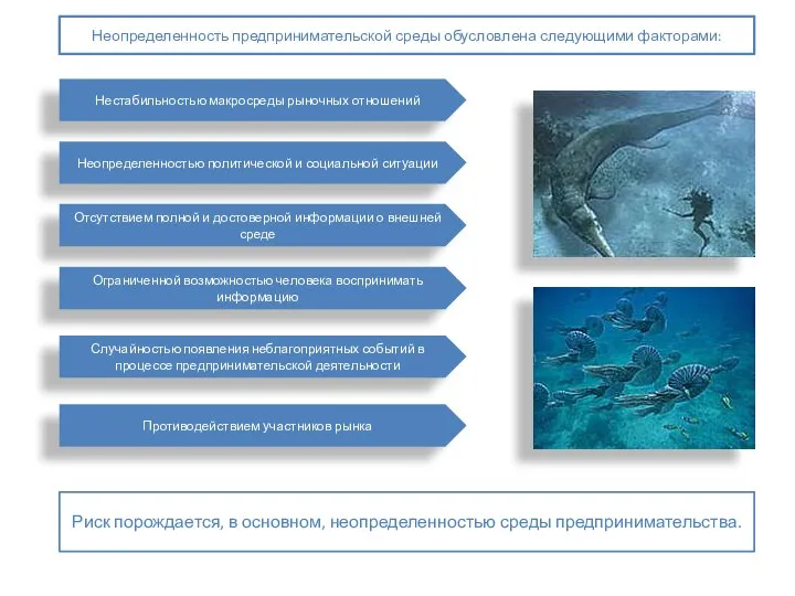 Неопределенность предпринимательской среды обусловлена следующими факторами: Нестабильностью макросреды рыночных отношений Неопределенностью