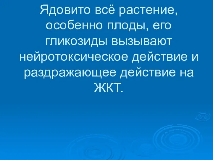 Ядовито всё растение, особенно плоды, его гликозиды вызывают нейротоксическое действие и раздражающее действие на ЖКТ.