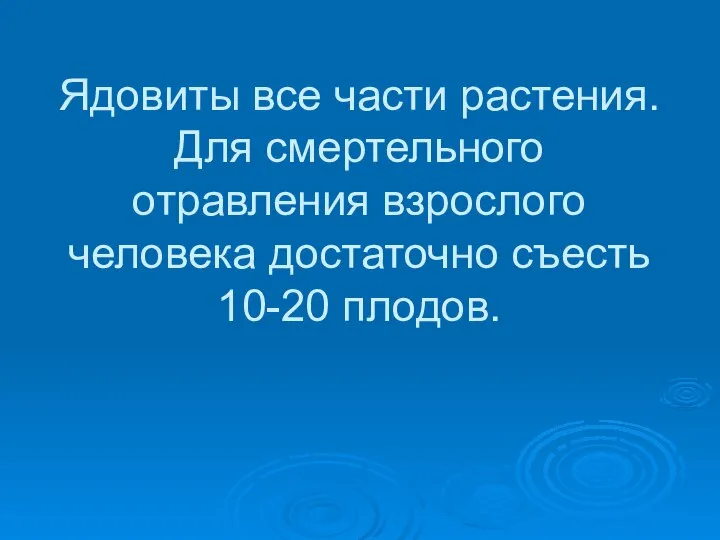 Ядовиты все части растения. Для смертельного отравления взрослого человека достаточно съесть 10-20 плодов.