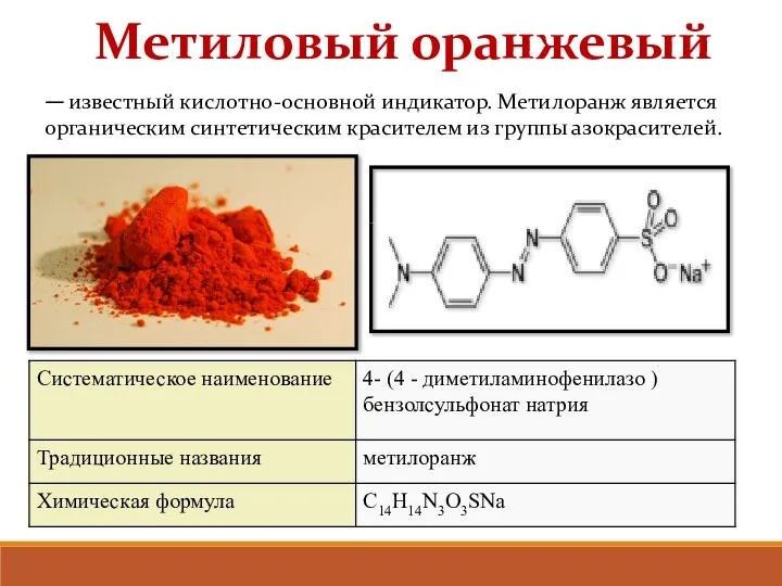 — известный кислотно-основной индикатор. Метилоранж является органическим синтетическим красителем из группы азокрасителей. Метиловый оранжевый