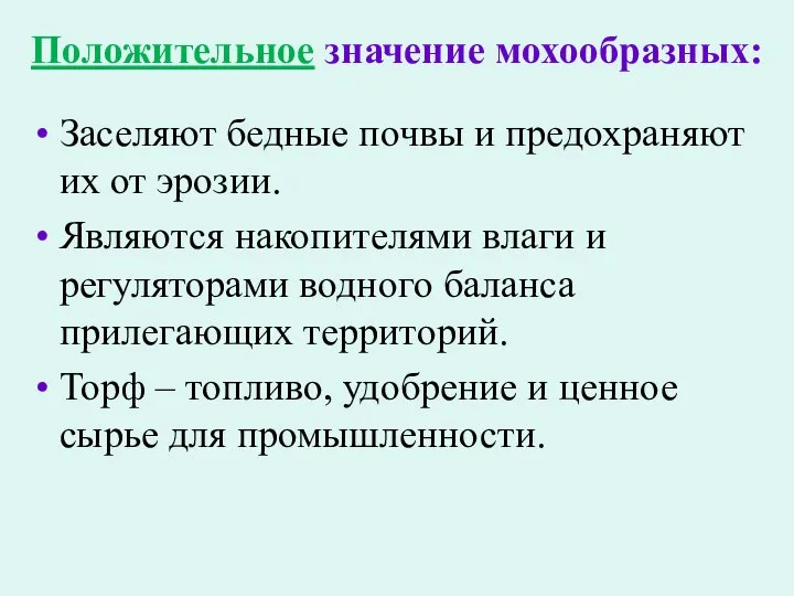 Положительное значение мохообразных: Заселяют бедные почвы и предохраняют их от эрозии.