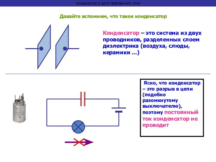 Конденсатор в цепи переменного тока Давайте вспомним, что такое конденсатор Конденсатор