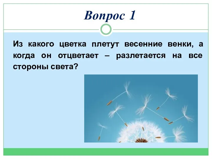 Вопрос 1 Из какого цветка плетут весенние венки, а когда он