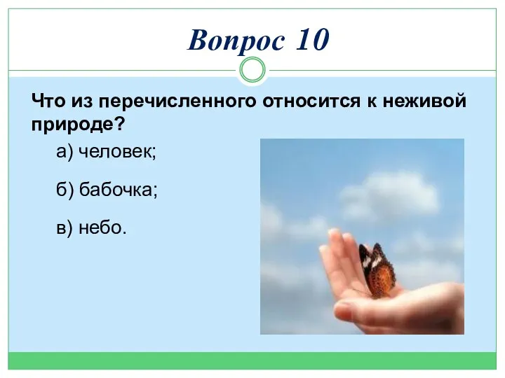 Что из перечисленного относится к неживой природе? а) человек; б) бабочка; в) небо. Вопрос 10