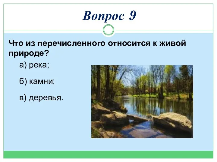Что из перечисленного относится к живой природе? а) река; б) камни; в) деревья. Вопрос 9