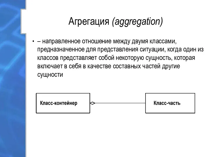Агрегация (aggregation) – направленное отношение между двумя классами, предназначенное для представления