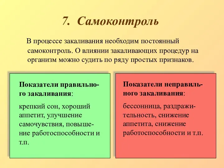 7. Самоконтроль В процессе закаливания необходим постоянный самоконтроль. О влиянии закаливающих