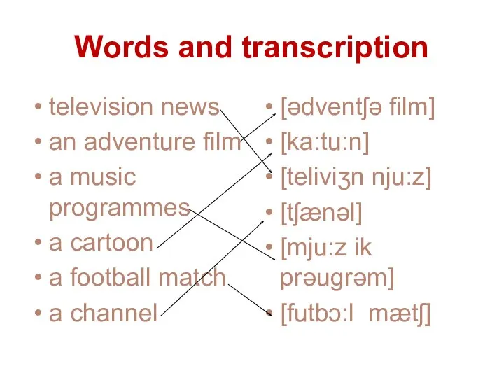 Words and transcription television news an adventure film a music programmes