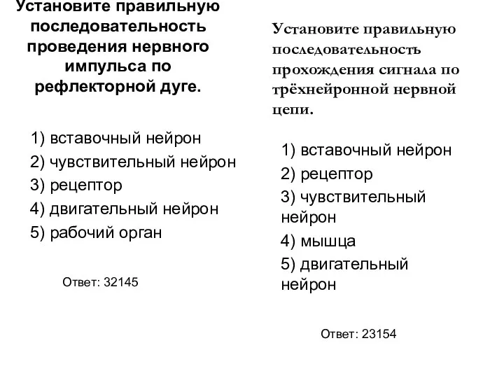 Установите правильную последовательность проведения нервного импульса по рефлекторной дуге. 1) вставочный