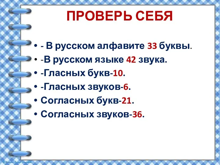 ПРОВЕРЬ СЕБЯ - В русском алфавите 33 буквы. -В русском языке