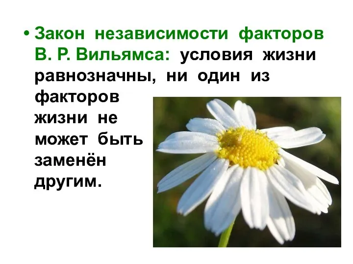 Закон независимости факторов В. Р. Вильямса: условия жизни равнозначны, ни один