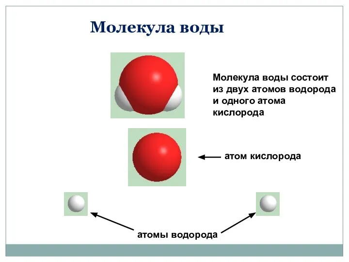 Молекула воды Молекула воды состоит из двух атомов водорода и одного