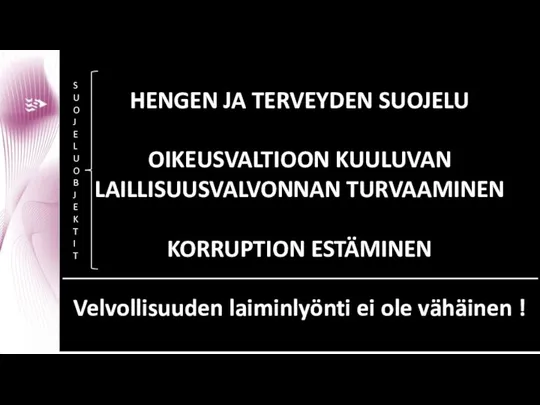 HENGEN JA TERVEYDEN SUOJELU OIKEUSVALTIOON KUULUVAN LAILLISUUSVALVONNAN TURVAAMINEN KORRUPTION ESTÄMINEN Velvollisuuden