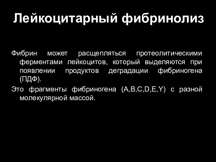 Лейкоцитарный фибринолиз Фибрин может расщепляться протеолитическими ферментами лейкоцитов, который выделяются при