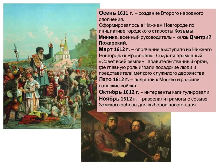 Осень 1611 г. – создание Второго народного ополчения. Сформировалось в Нижнем