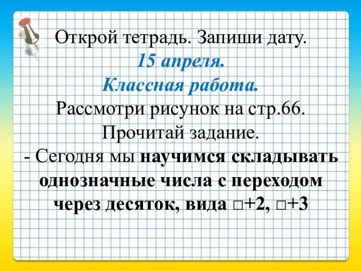 Открой тетрадь. Запиши дату. 15 апреля. Классная работа. Рассмотри рисунок на