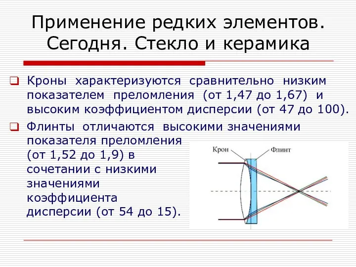 Применение редких элементов. Сегодня. Стекло и керамика Кроны характеризуются сравнительно низким