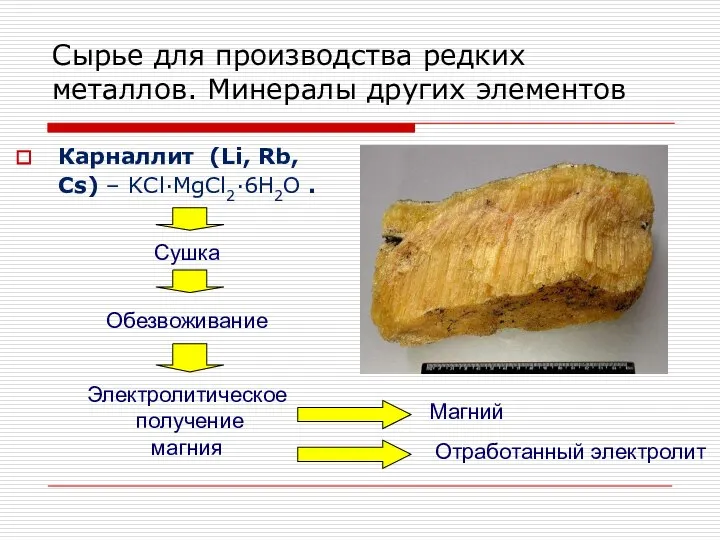 Карналлит (Li, Rb, Cs) – KCl∙MgCl2∙6H2O . Сырье для производства редких