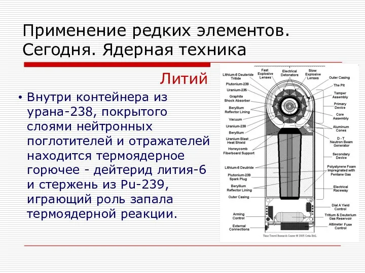 Применение редких элементов. Сегодня. Ядерная техника Литий Внутри контейнера из урана-238,